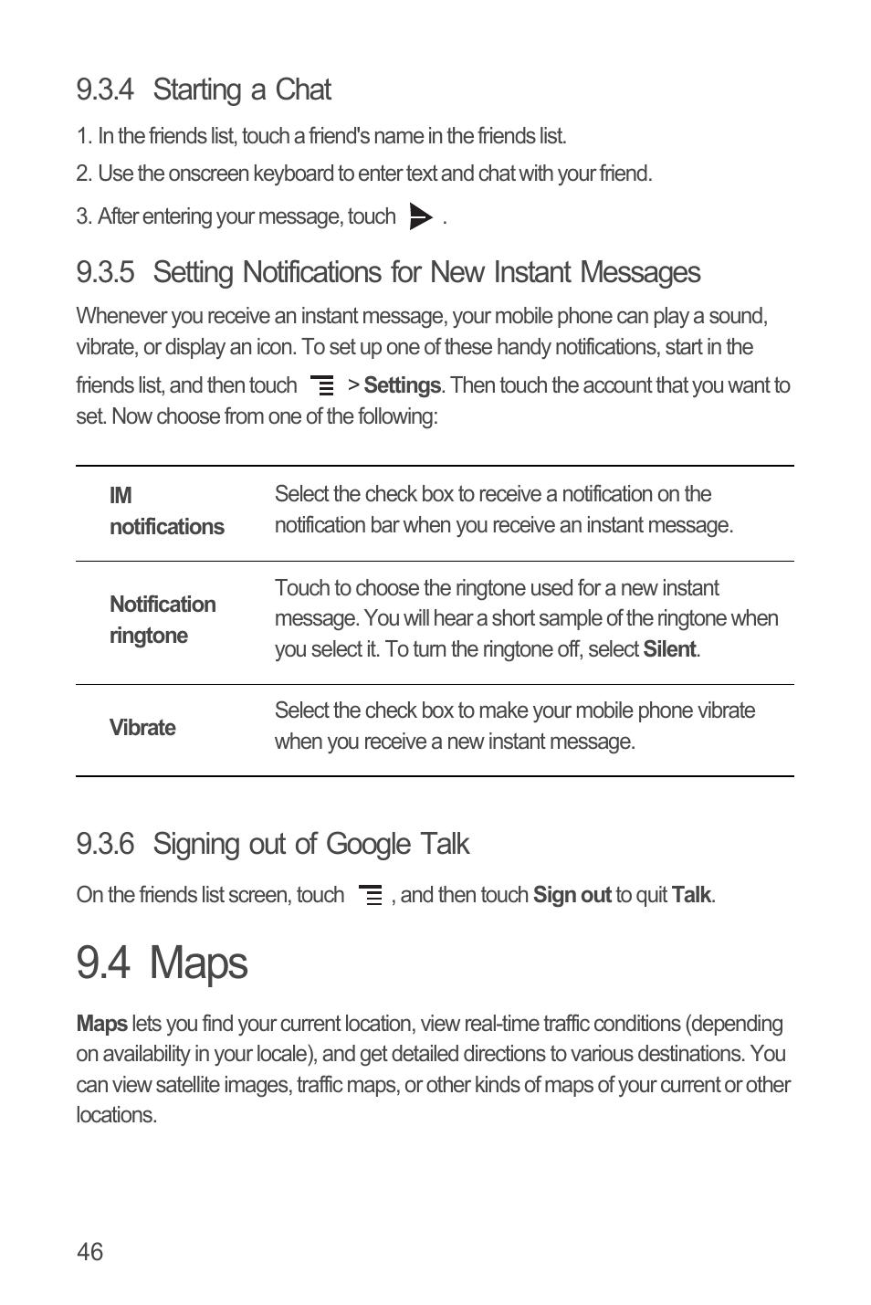 4 starting a chat, 5 setting notifications for new instant messages, 6 signing out of google talk | 4 maps | Huawei U8815N User Guide User Manual | Page 50 / 70