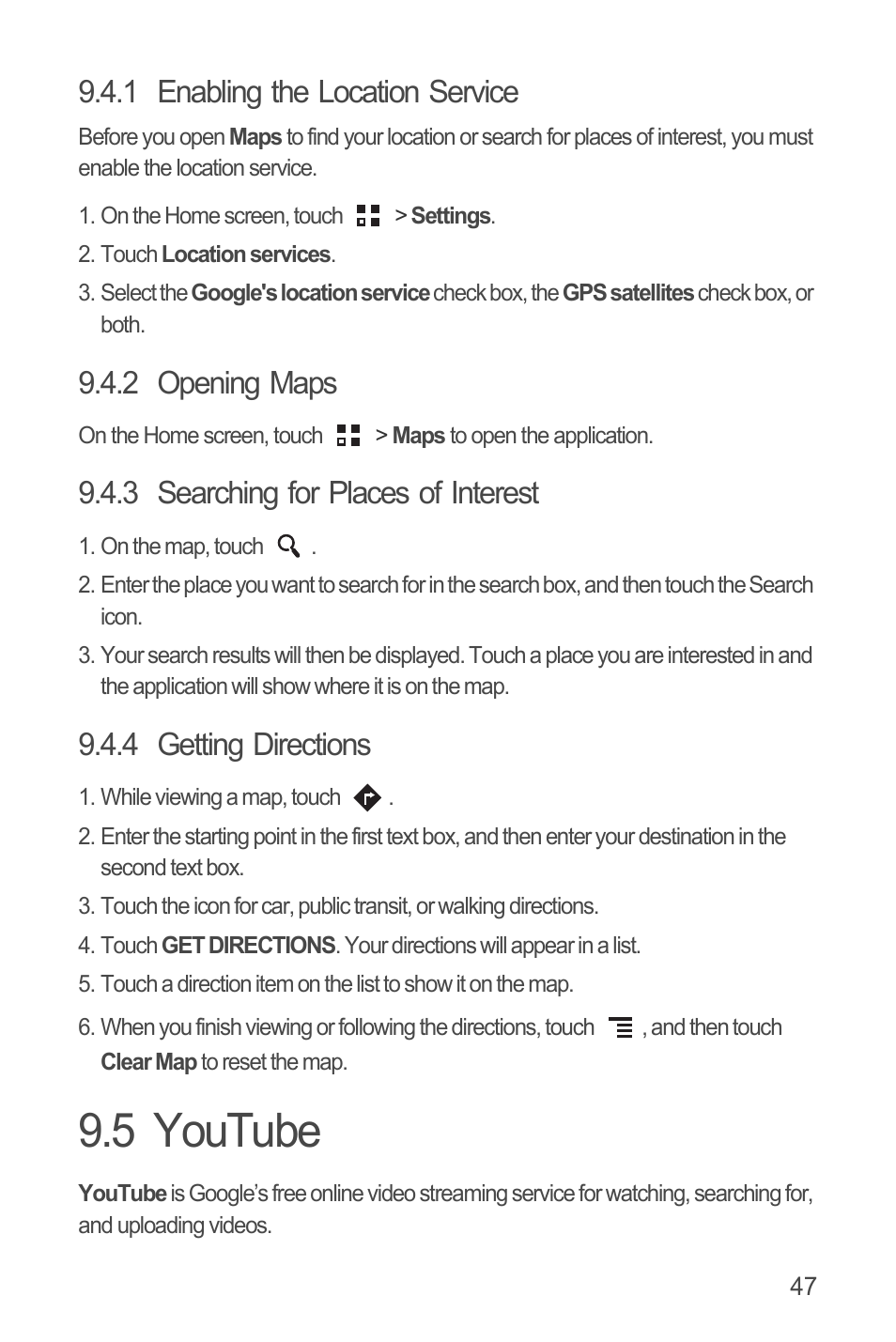 1 enabling the location service, 2 opening maps, 3 searching for places of interest | 4 getting directions, 5 youtube | Huawei U8815N User Guide User Manual | Page 51 / 70