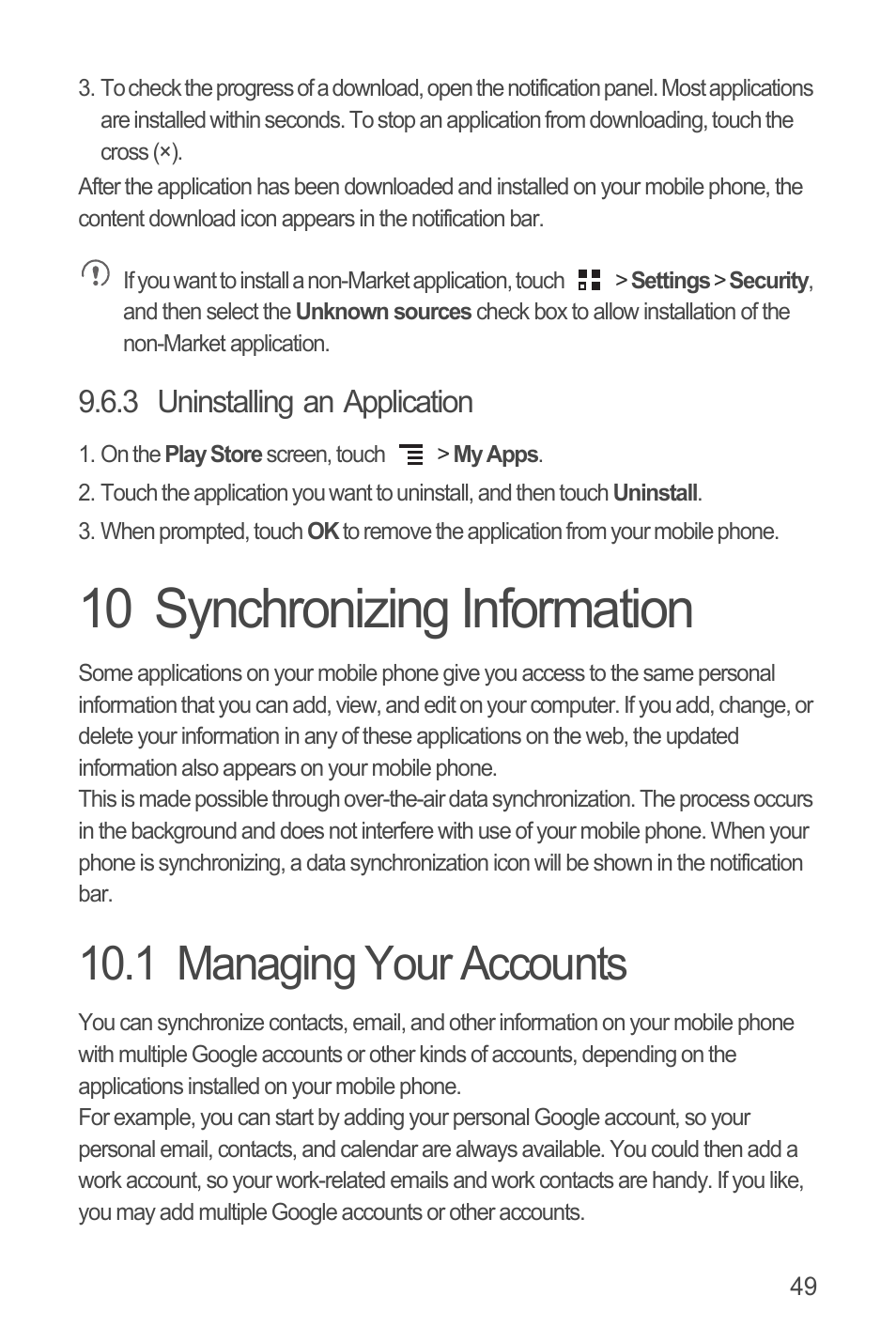 3 uninstalling an application, 10 synchronizing information, 1 managing your accounts | Huawei U8815N User Guide User Manual | Page 53 / 70