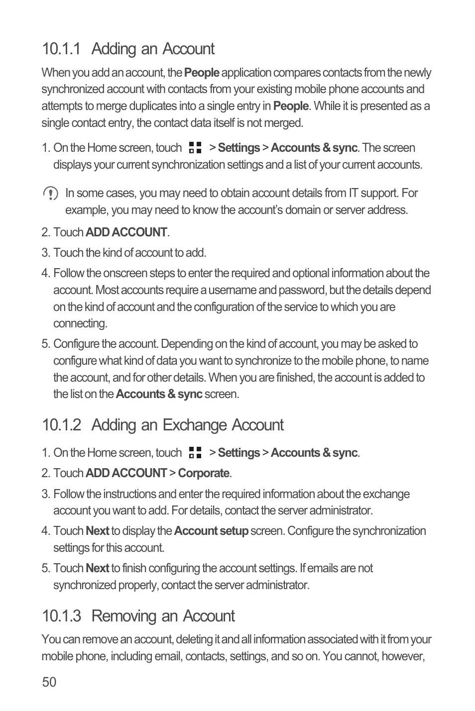 1 adding an account, 2 adding an exchange account, 3 removing an account | Huawei U8815N User Guide User Manual | Page 54 / 70