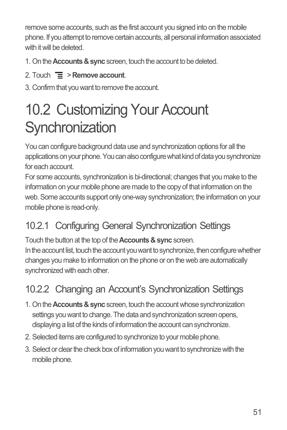 2 customizing your account synchronization, 1 configuring general synchronization settings, 2 changing an account’s synchronization settings | Huawei U8815N User Guide User Manual | Page 55 / 70