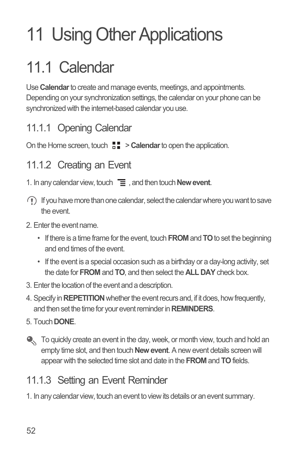 11 using other applications, 1 calendar, 1 opening calendar | 2 creating an event, 3 setting an event reminder | Huawei U8815N User Guide User Manual | Page 56 / 70