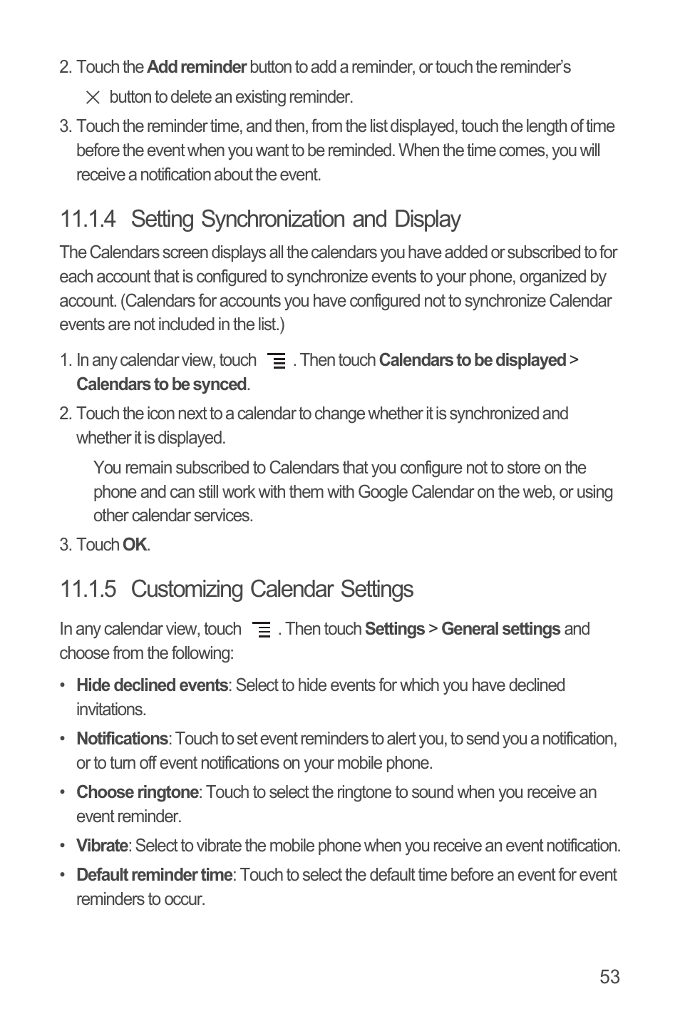 4 setting synchronization and display, 5 customizing calendar settings | Huawei U8815N User Guide User Manual | Page 57 / 70