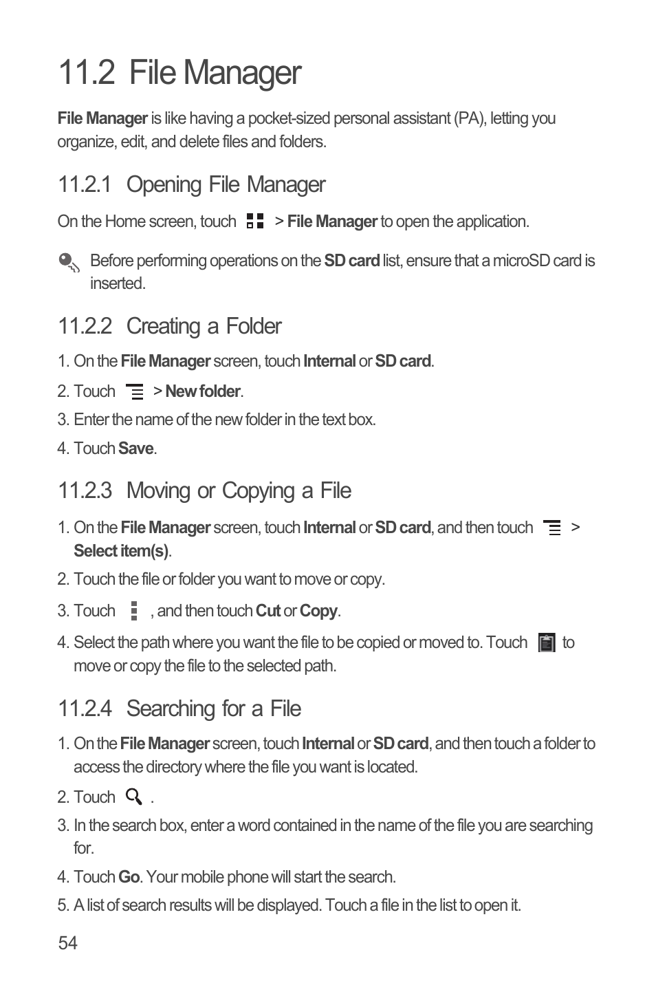 2 file manager, 1 opening file manager, 2 creating a folder | 3 moving or copying a file, 4 searching for a file | Huawei U8815N User Guide User Manual | Page 58 / 70