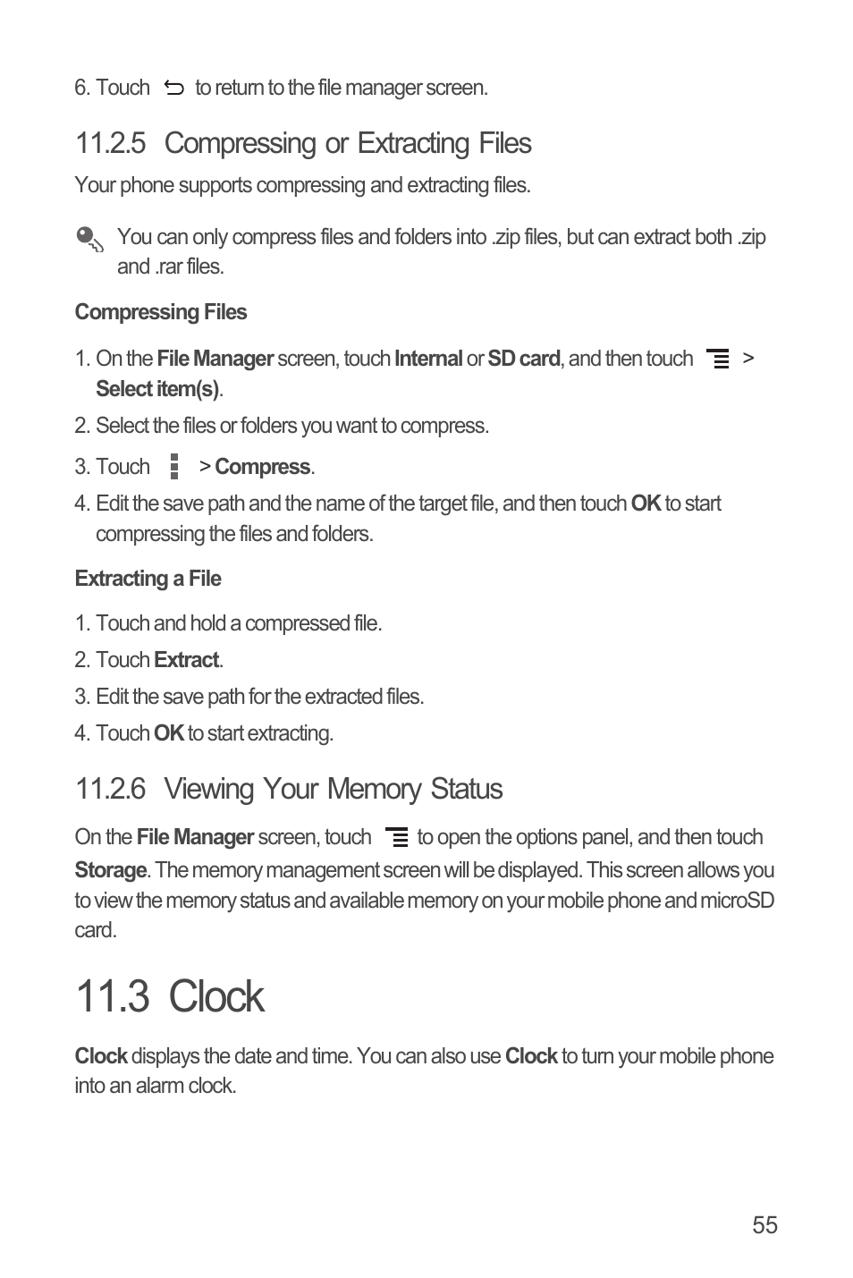 5 compressing or extracting files, Compressing files, Extracting a file | 6 viewing your memory status, 3 clock | Huawei U8815N User Guide User Manual | Page 59 / 70