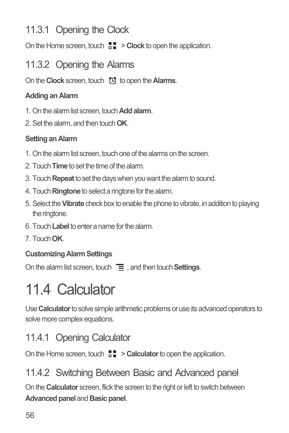 1 opening the clock, 2 opening the alarms, Adding an alarm | Setting an alarm, Customizing alarm settings, 4 calculator, 1 opening calculator, 2 switching between basic and advanced panel | Huawei U8815N User Guide User Manual | Page 60 / 70