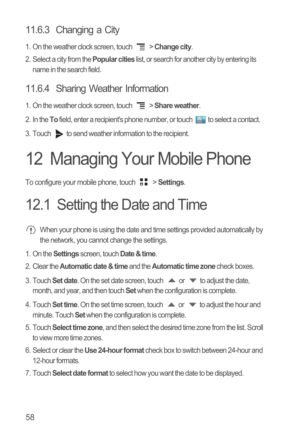 3 changing a city, 4 sharing weather information, 12 managing your mobile phone | 1 setting the date and time | Huawei U8815N User Guide User Manual | Page 62 / 70