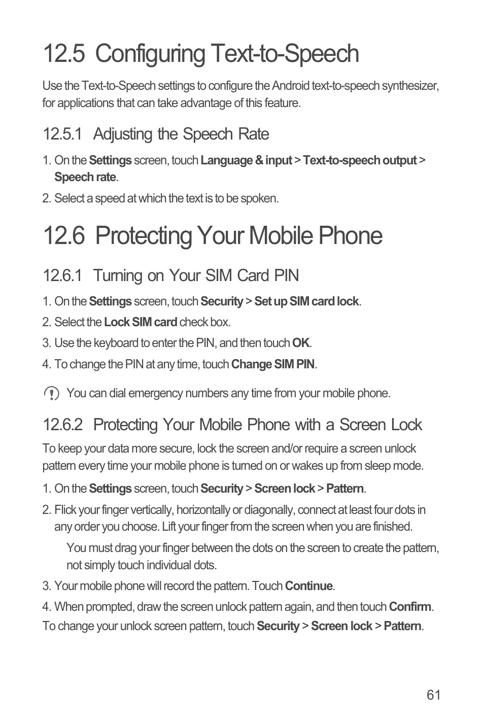 5 configuring text-to-speech, 1 adjusting the speech rate, 6 protecting your mobile phone | 1 turning on your sim card pin, 2 protecting your mobile phone with a screen lock | Huawei U8815N User Guide User Manual | Page 65 / 70