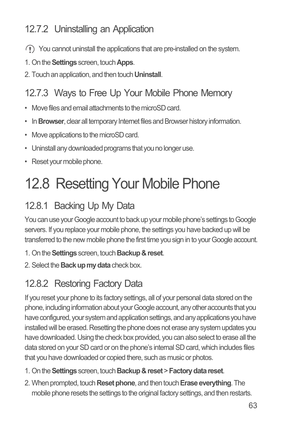 2 uninstalling an application, 3 ways to free up your mobile phone memory, 8 resetting your mobile phone | 1 backing up my data, 2 restoring factory data | Huawei U8815N User Guide User Manual | Page 67 / 70