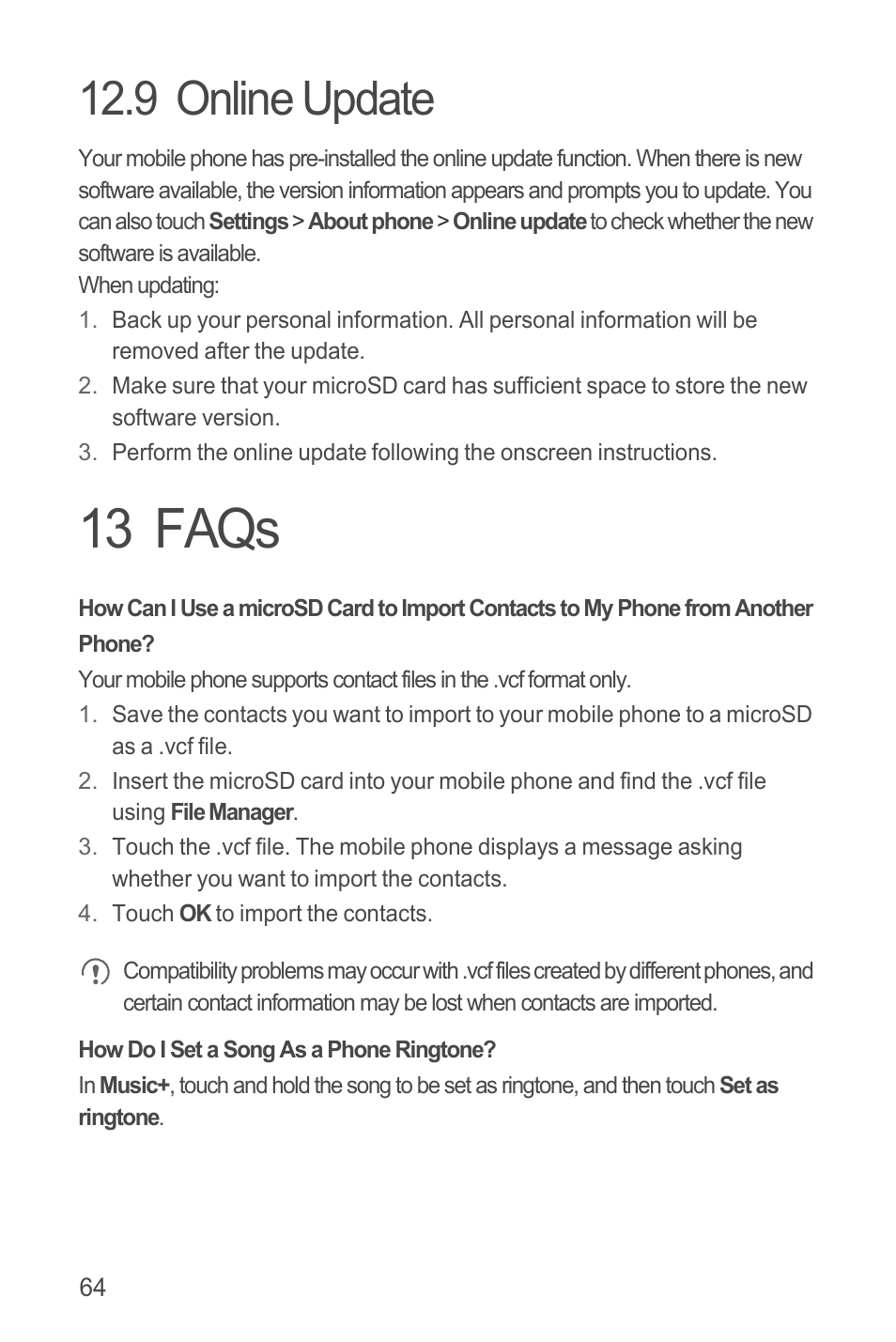 9 online update, 13 faqs, How do i set a song as a phone ringtone | Faqs | Huawei U8815N User Guide User Manual | Page 68 / 70