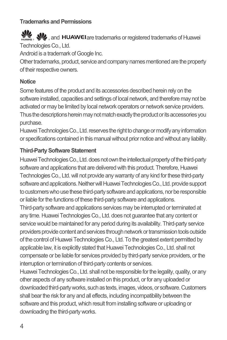 Trademarks and permissions, Notice, Third-party software statement | Huawei U8815N User Guide User Manual | Page 8 / 70