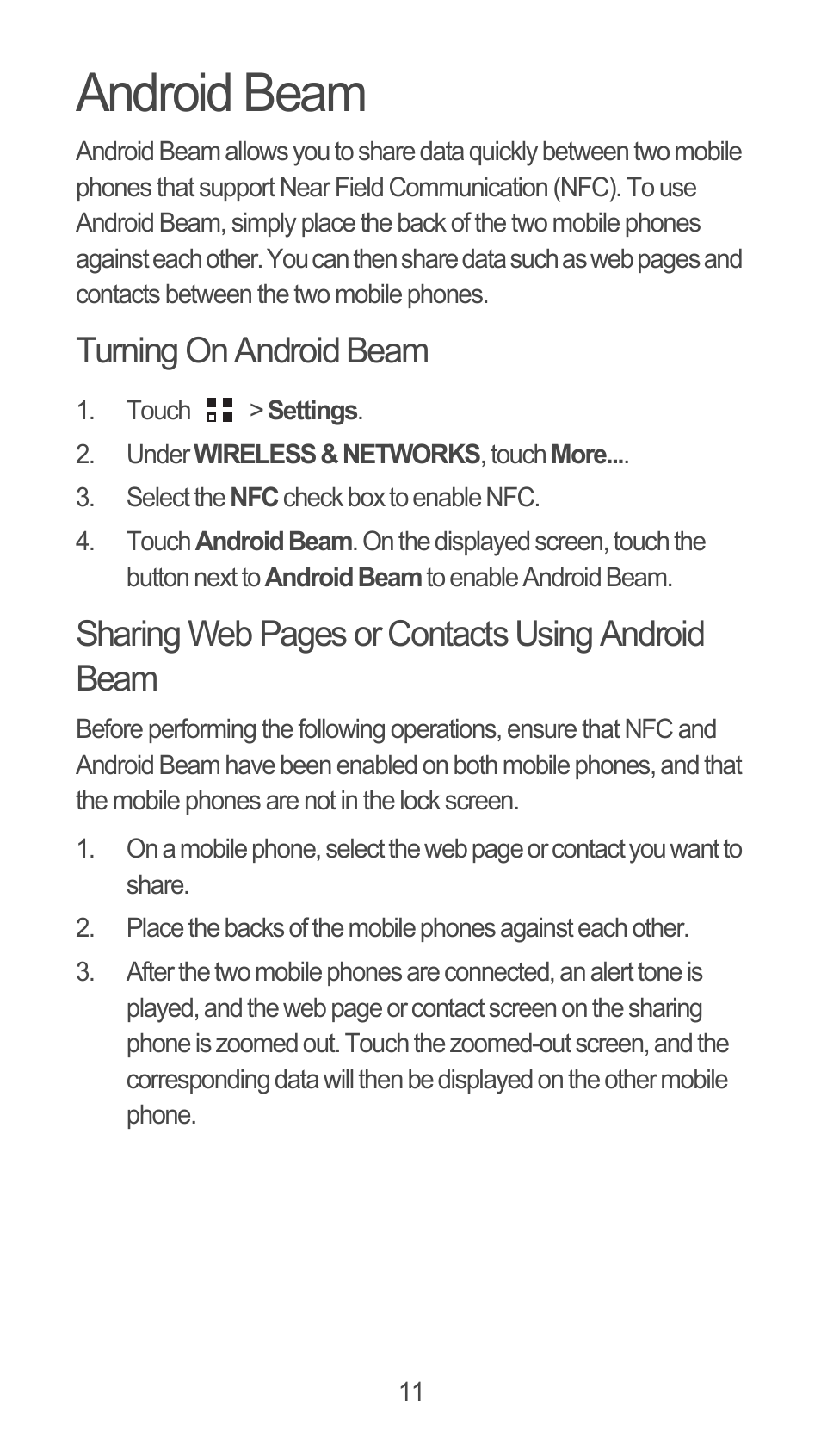 Android beam, Turning on android beam, Sharing web pages or contacts using android beam | Huawei U8815N Quick Start User Manual | Page 12 / 31