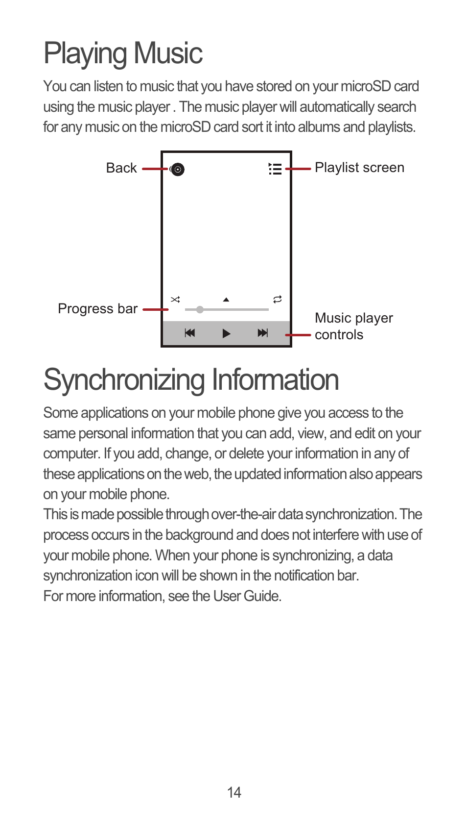 Playing music, Synchronizing information | Huawei U8815N Quick Start User Manual | Page 15 / 31
