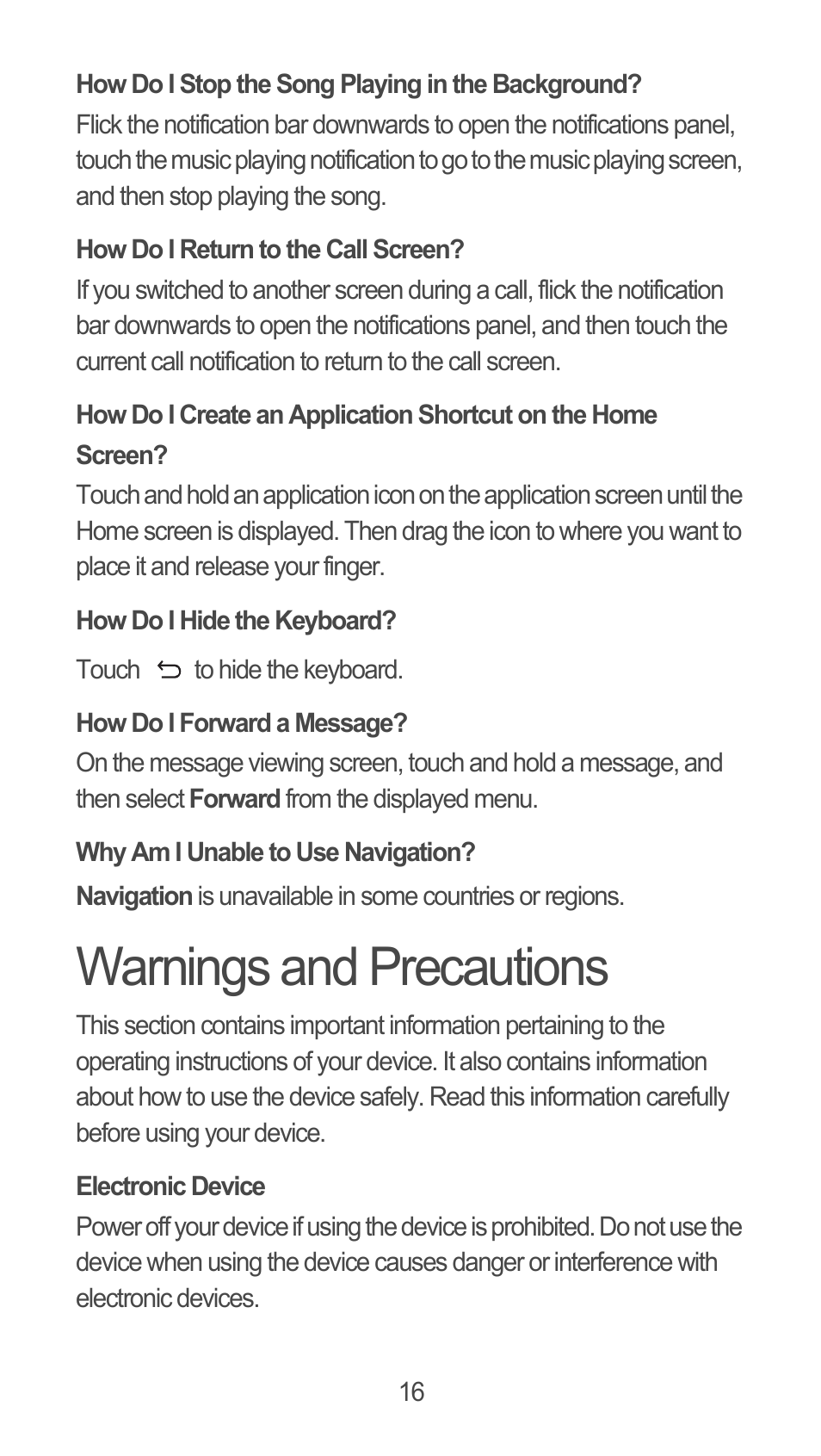 How do i stop the song playing in the background, How do i return to the call screen, How do i hide the keyboard | How do i forward a message, Why am i unable to use navigation, Warnings and precautions, Electronic device | Huawei U8815N Quick Start User Manual | Page 17 / 31