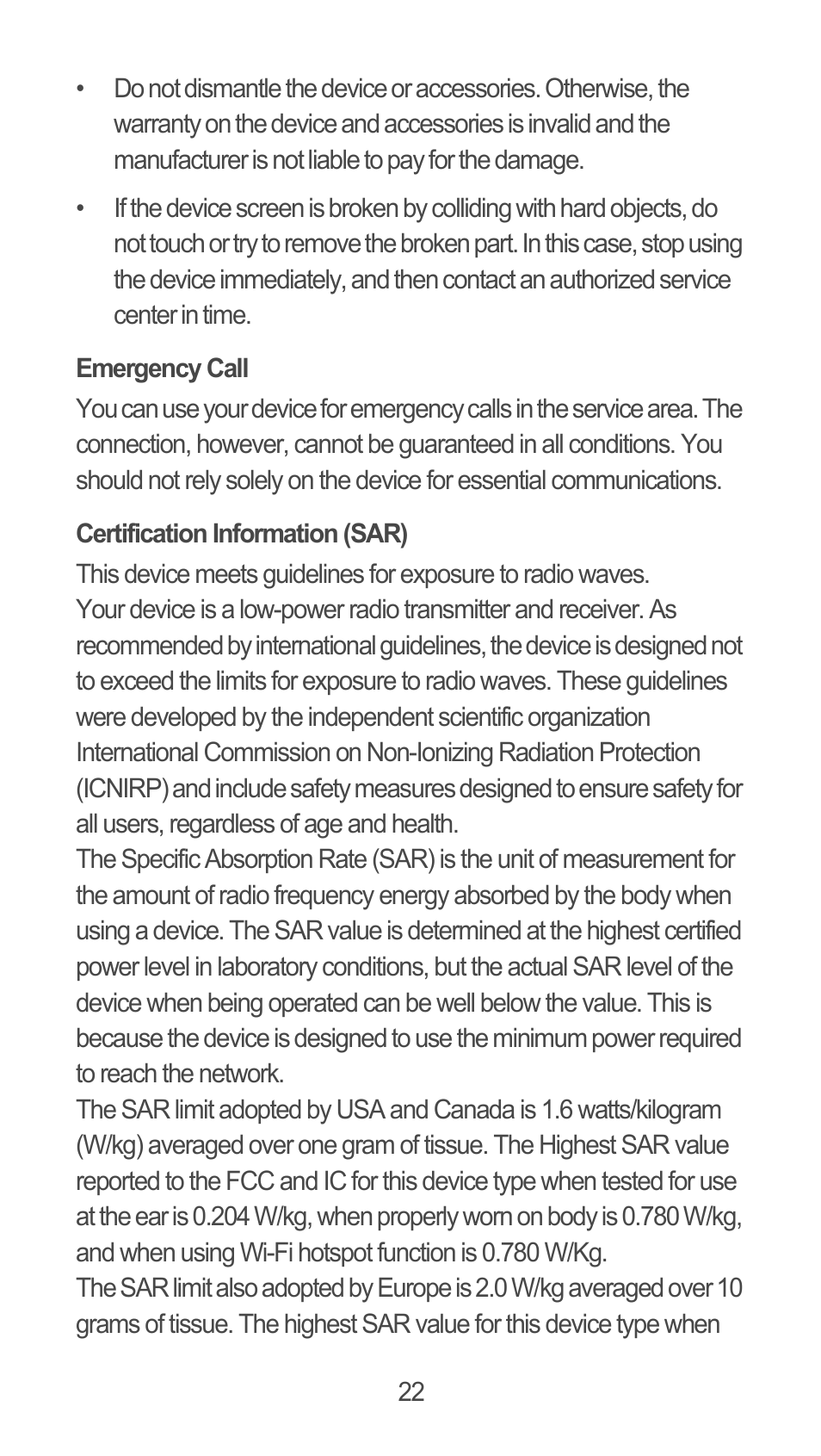 Emergency call, Certification information (sar) | Huawei U8815N Quick Start User Manual | Page 23 / 31