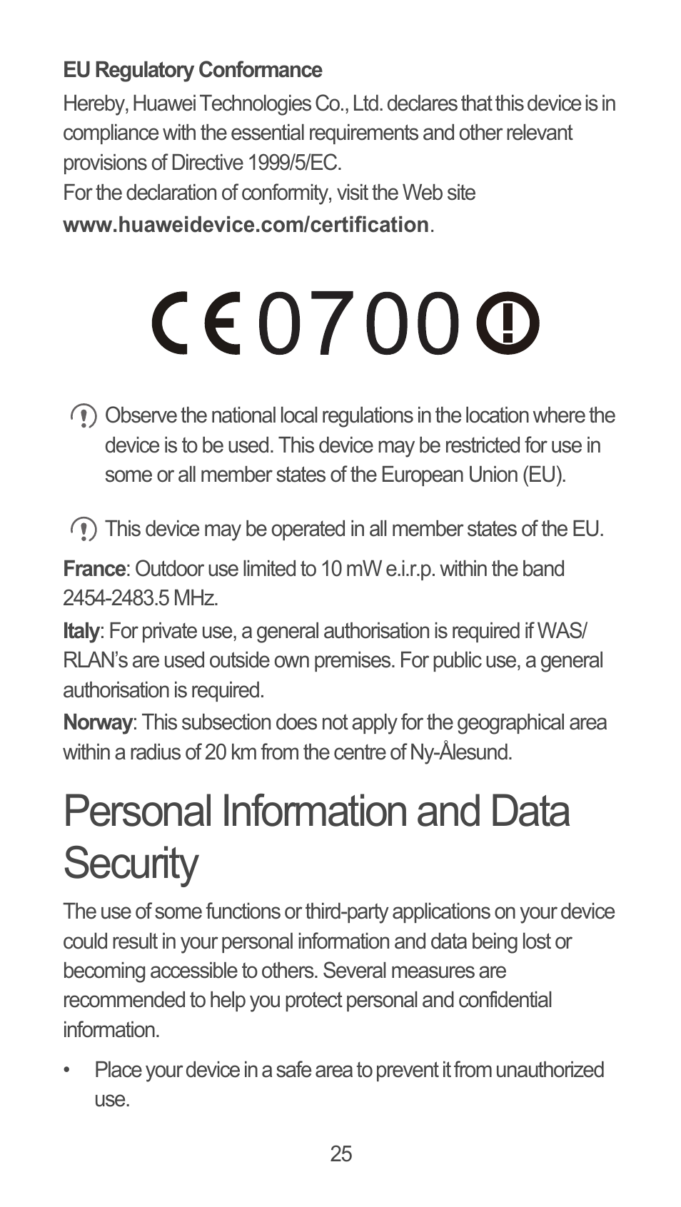 Eu regulatory conformance, Personal information and data security | Huawei U8815N Quick Start User Manual | Page 26 / 31