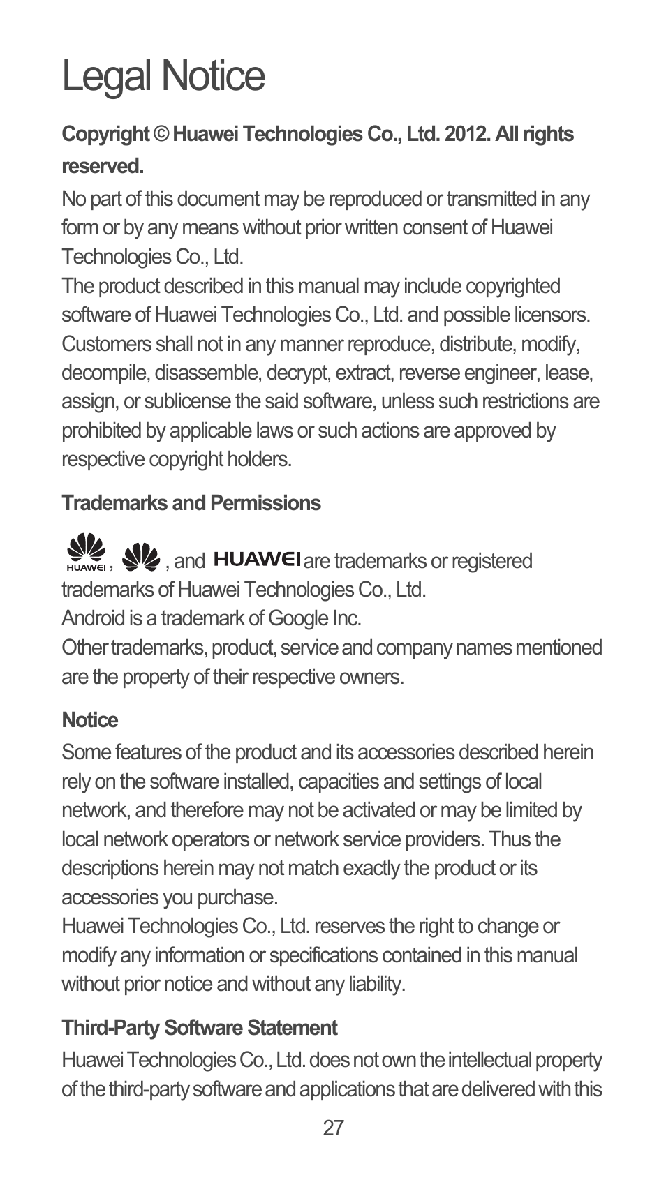 Legal notice, Trademarks and permissions, Notice | Third-party software statement | Huawei U8815N Quick Start User Manual | Page 28 / 31