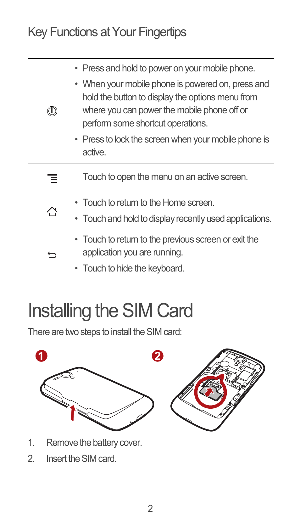 Key functions at your fingertips, Installing the sim card | Huawei U8815N Quick Start User Manual | Page 3 / 31