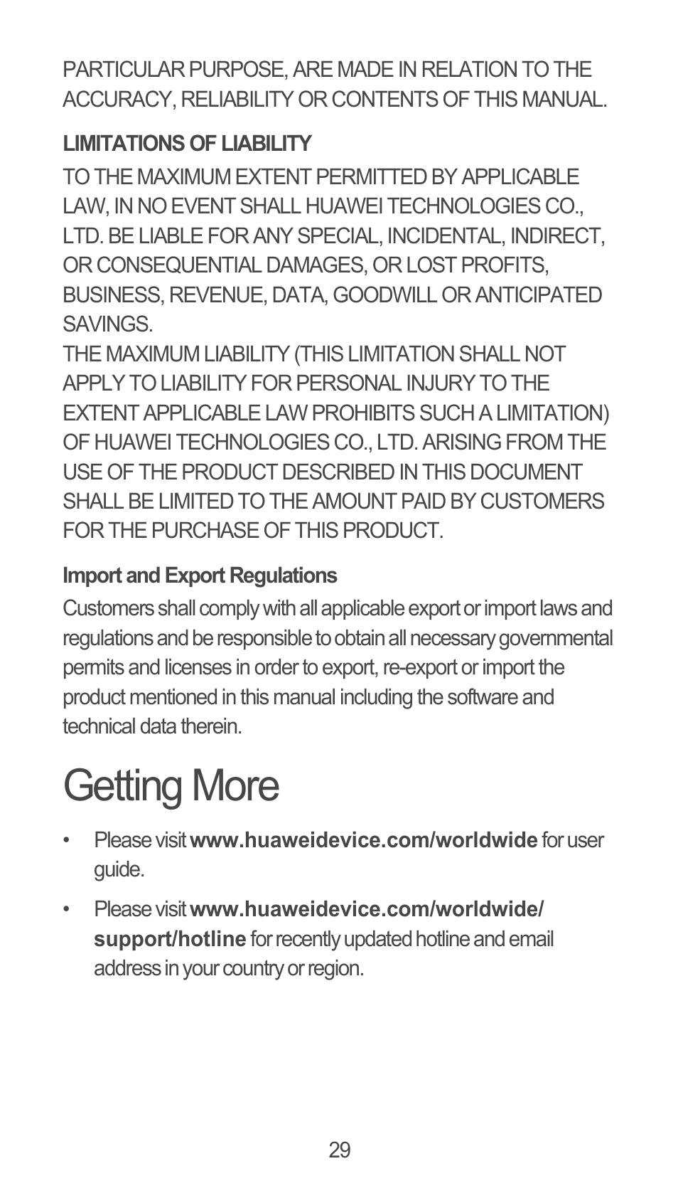 Limitations of liability, Import and export regulations, Getting more | Huawei U8815N Quick Start User Manual | Page 30 / 31