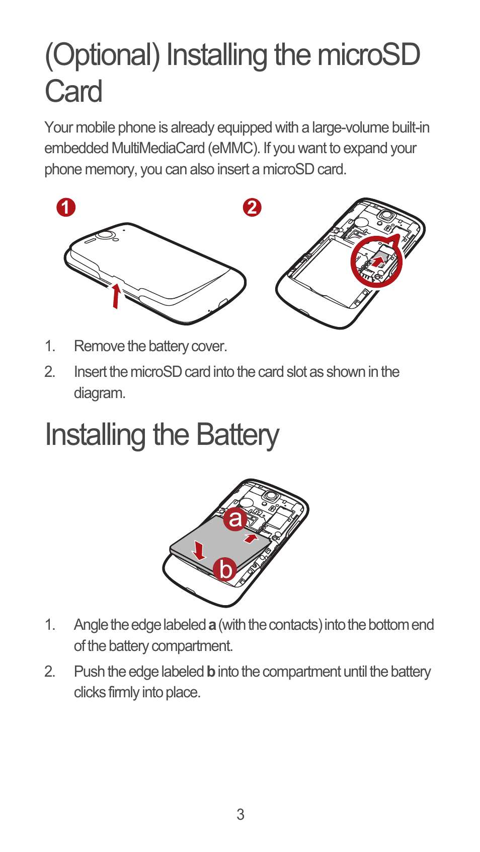 Optional) installing the microsd card, Installing the battery | Huawei U8815N Quick Start User Manual | Page 4 / 31