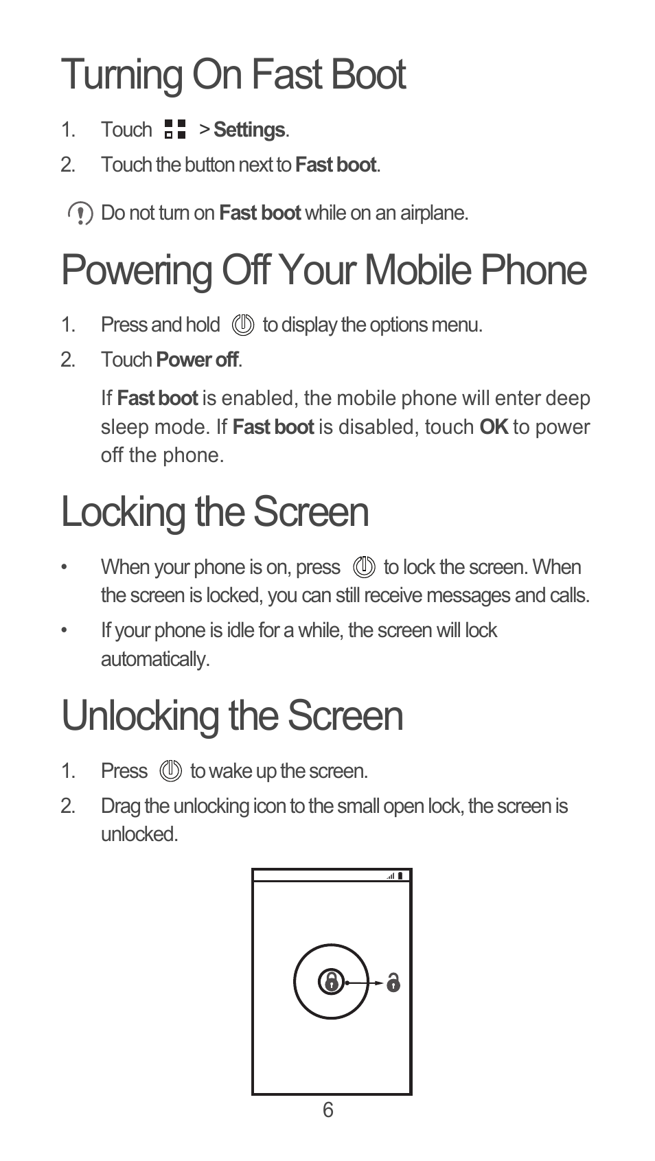 Turning on fast boot, Powering off your mobile phone, Locking the screen | Unlocking the screen | Huawei U8815N Quick Start User Manual | Page 7 / 31