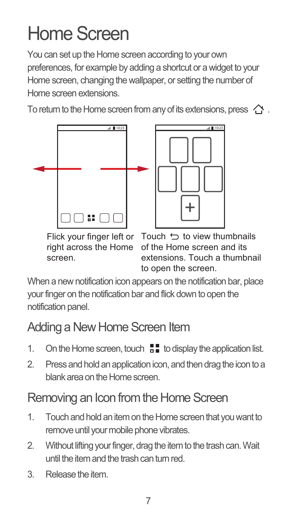 Home screen, Adding a new home screen item, Removing an icon from the home screen | Huawei U8815N Quick Start User Manual | Page 8 / 31