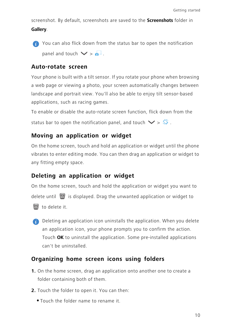 Auto-rotate screen, Moving an application or widget, Deleting an application or widget | Organizing home screen icons using folders | Huawei Honor 3C LTE H30-L02 User Guide User Manual | Page 14 / 66