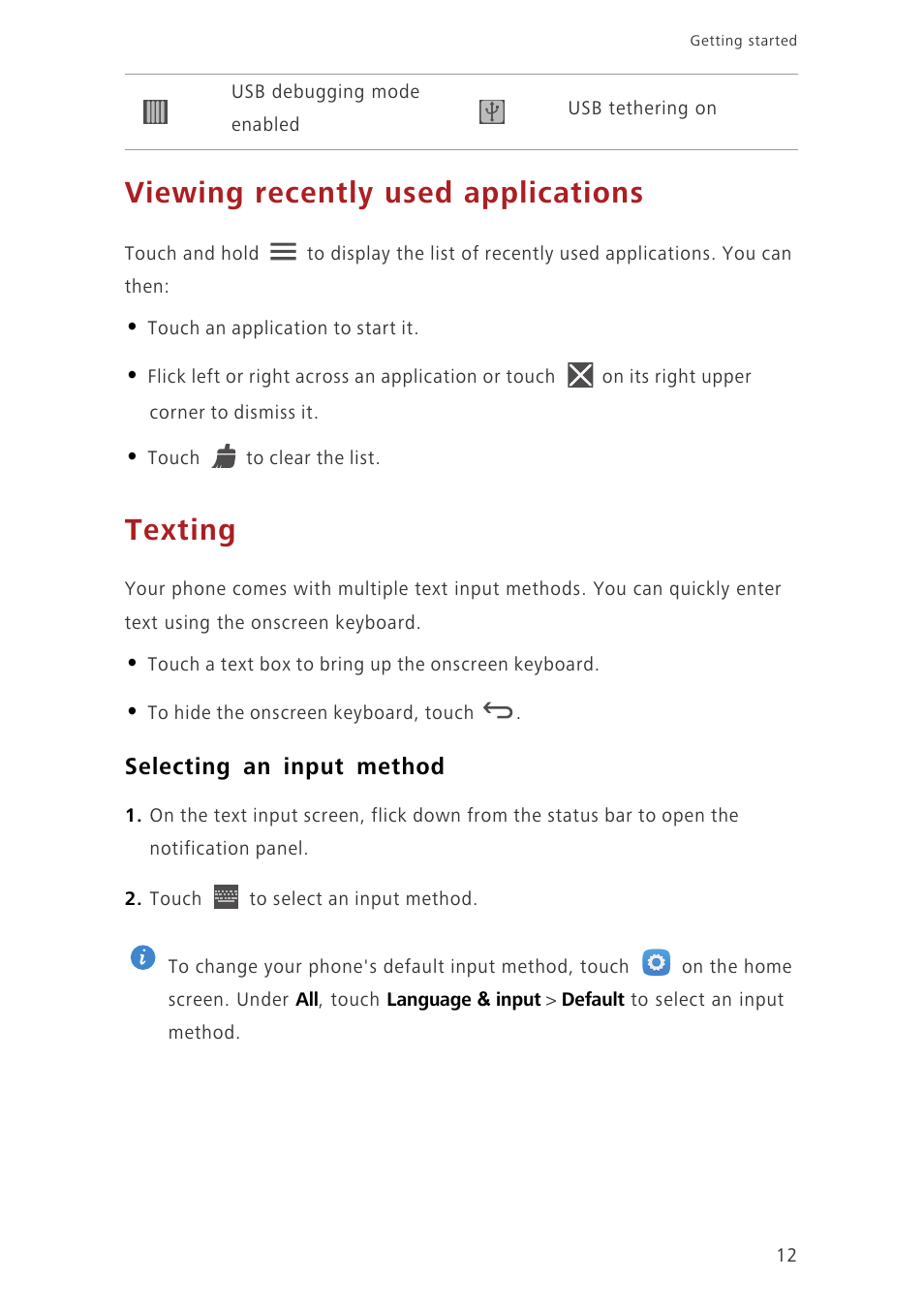 Viewing recently used applications, Texting, Selecting an input method | Huawei Honor 3C LTE H30-L02 User Guide User Manual | Page 16 / 66