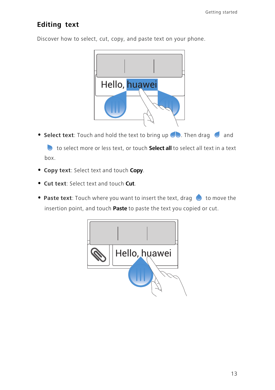 Editing text, Hello, huawei | Huawei Honor 3C LTE H30-L02 User Guide User Manual | Page 17 / 66