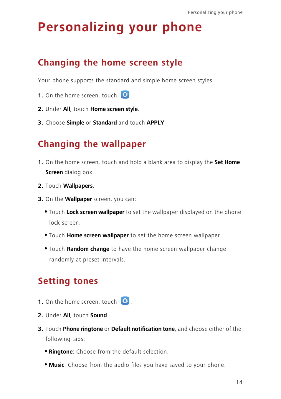 Personalizing your phone, Changing the home screen style, Changing the wallpaper | Setting tones | Huawei Honor 3C LTE H30-L02 User Guide User Manual | Page 18 / 66