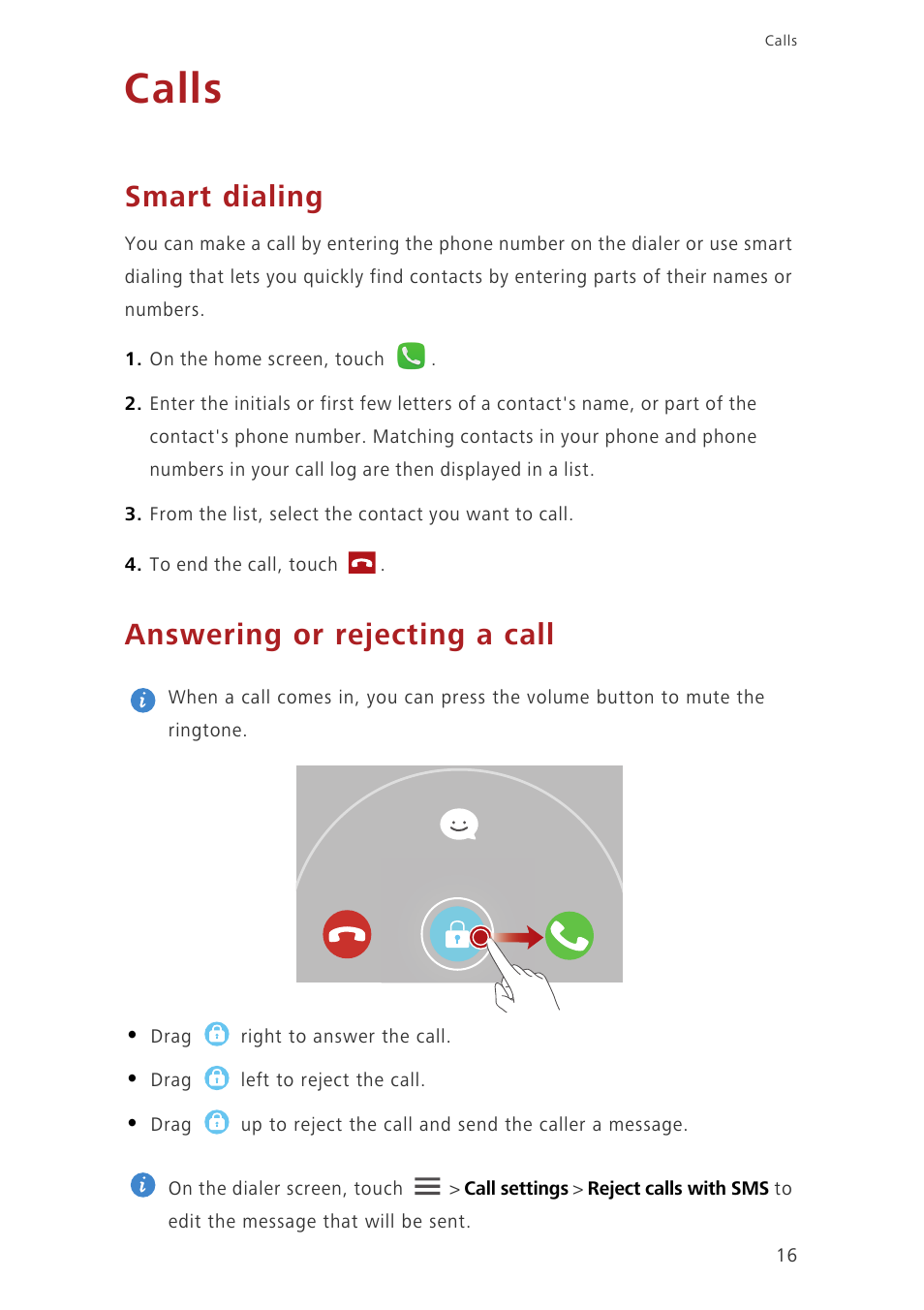 Calls, Smart dialing, Answering or rejecting a call | Huawei Honor 3C LTE H30-L02 User Guide User Manual | Page 20 / 66