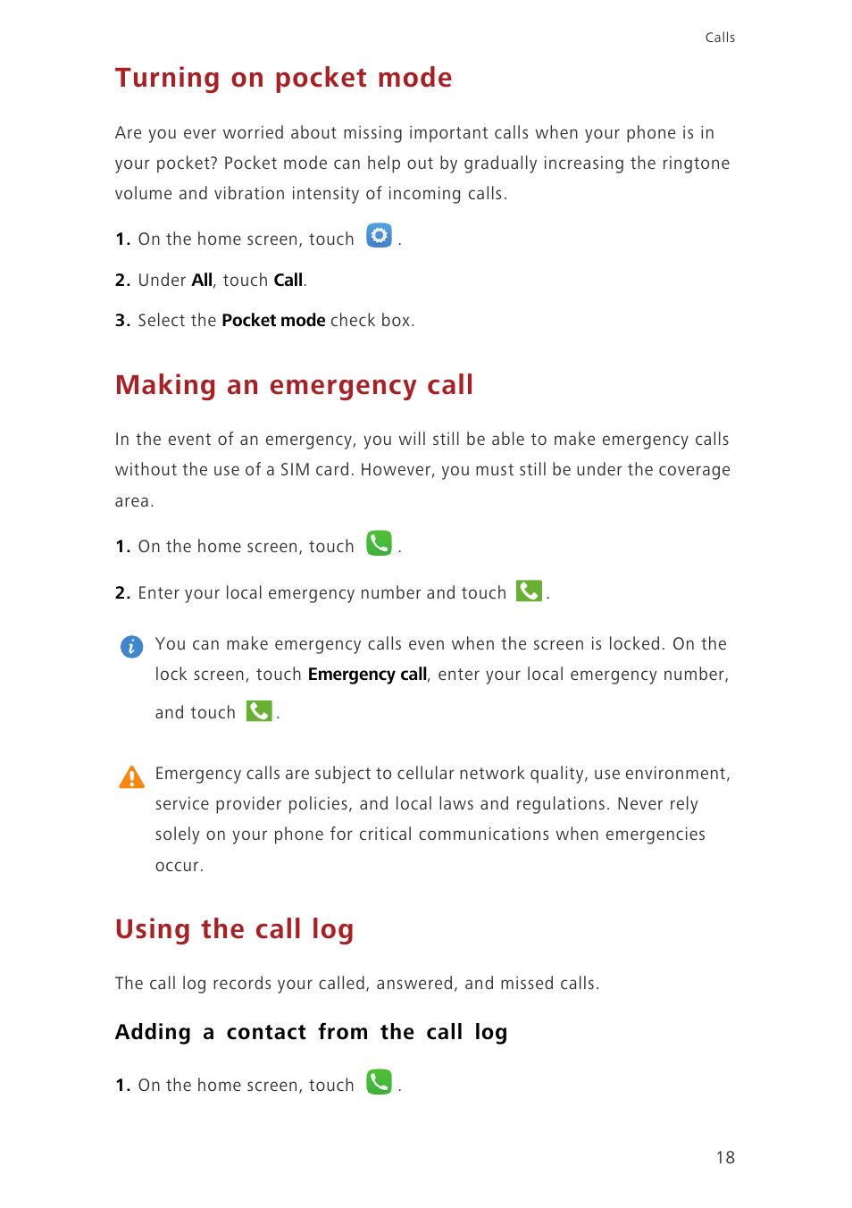 Turning on pocket mode, Making an emergency call, Using the call log | Adding a contact from the call log | Huawei Honor 3C LTE H30-L02 User Guide User Manual | Page 22 / 66