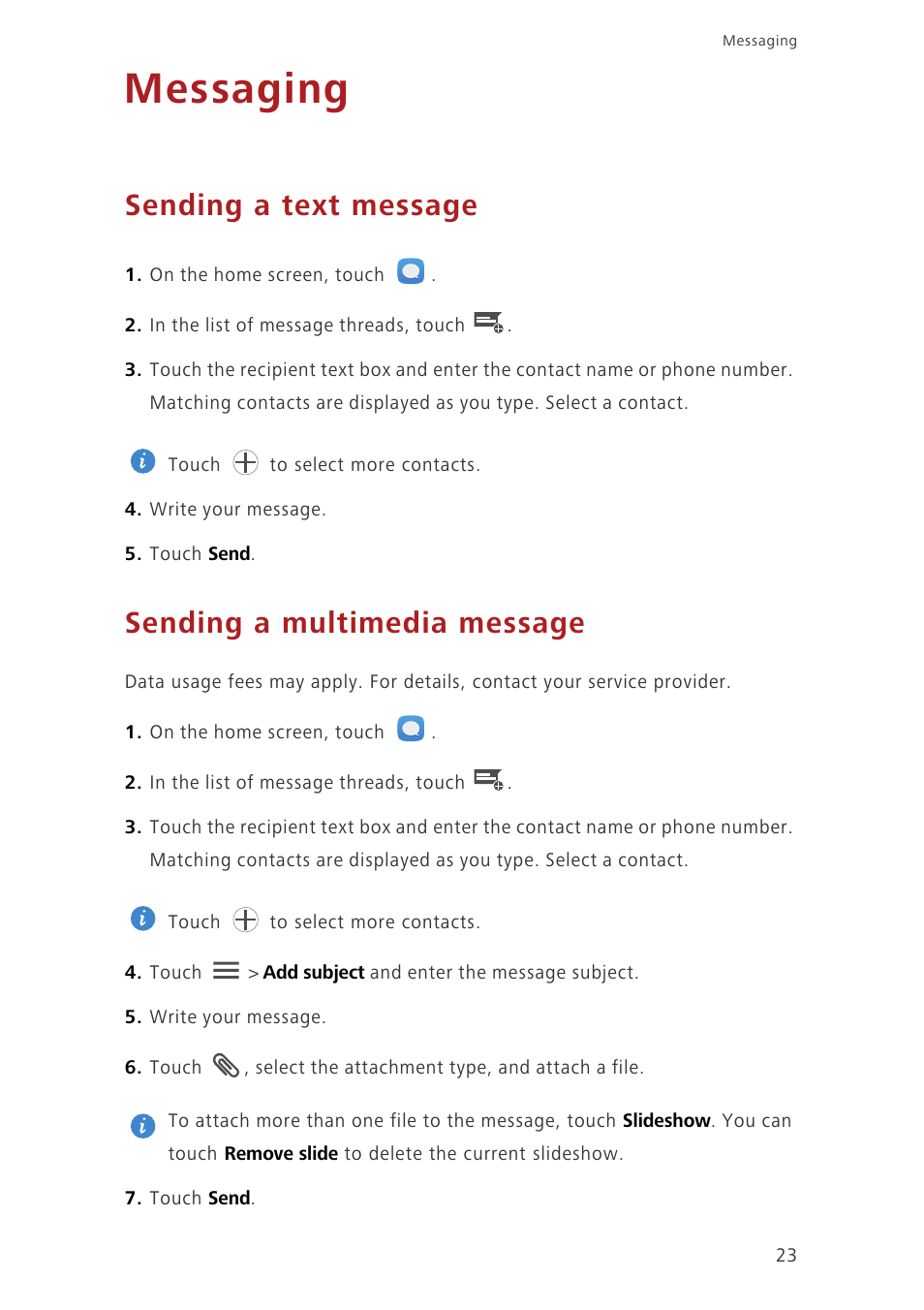 Messaging, Sending a text message, Sending a multimedia message | Huawei Honor 3C LTE H30-L02 User Guide User Manual | Page 27 / 66