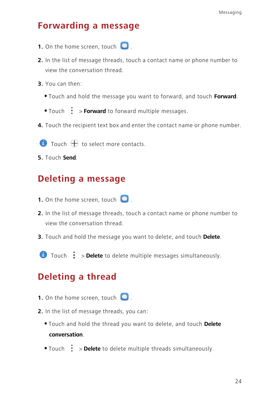 Forwarding a message, Deleting a message, Deleting a thread | Huawei Honor 3C LTE H30-L02 User Guide User Manual | Page 28 / 66