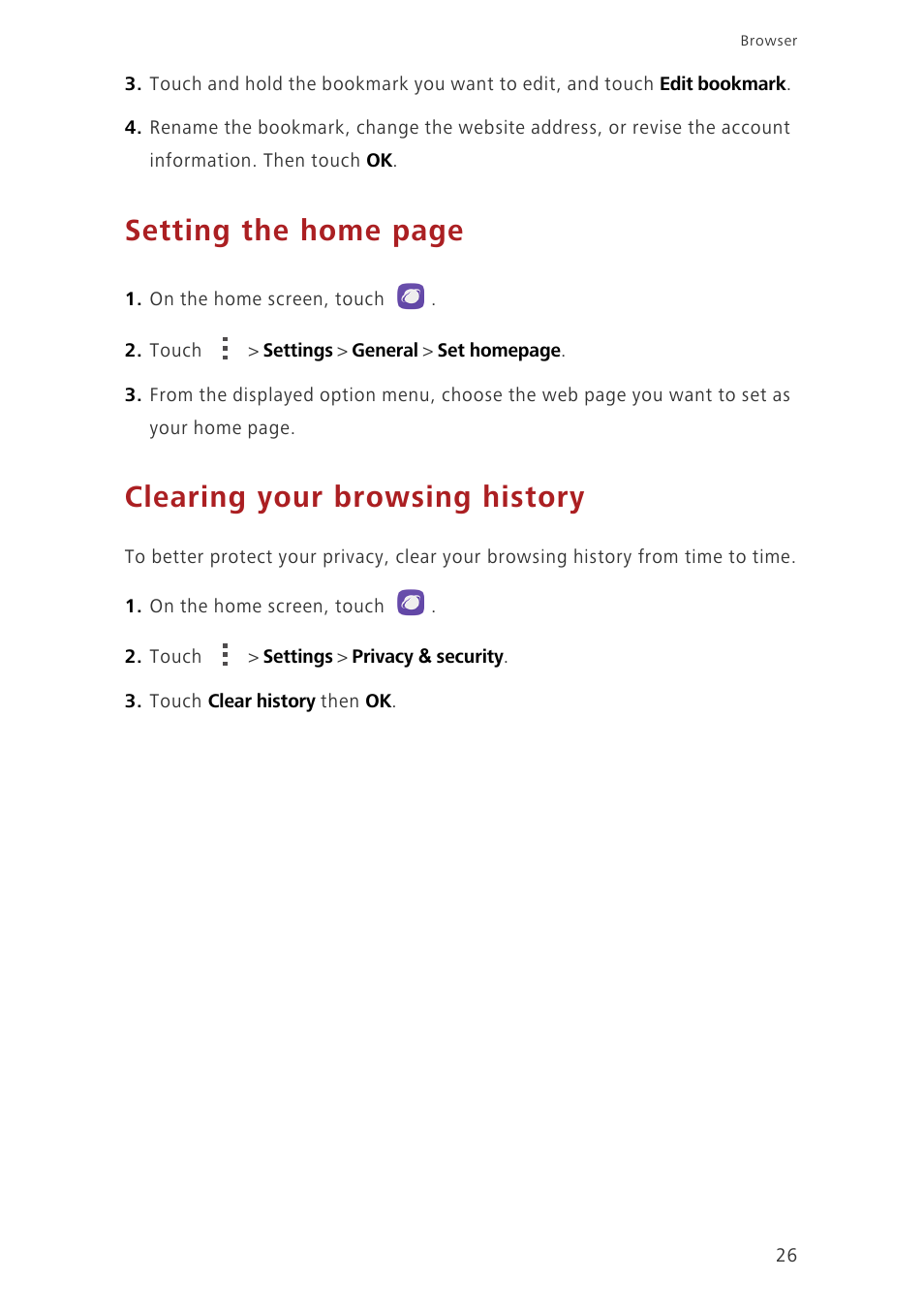 Clearing your browsing history, Setting the home page | Huawei Honor 3C LTE H30-L02 User Guide User Manual | Page 30 / 66