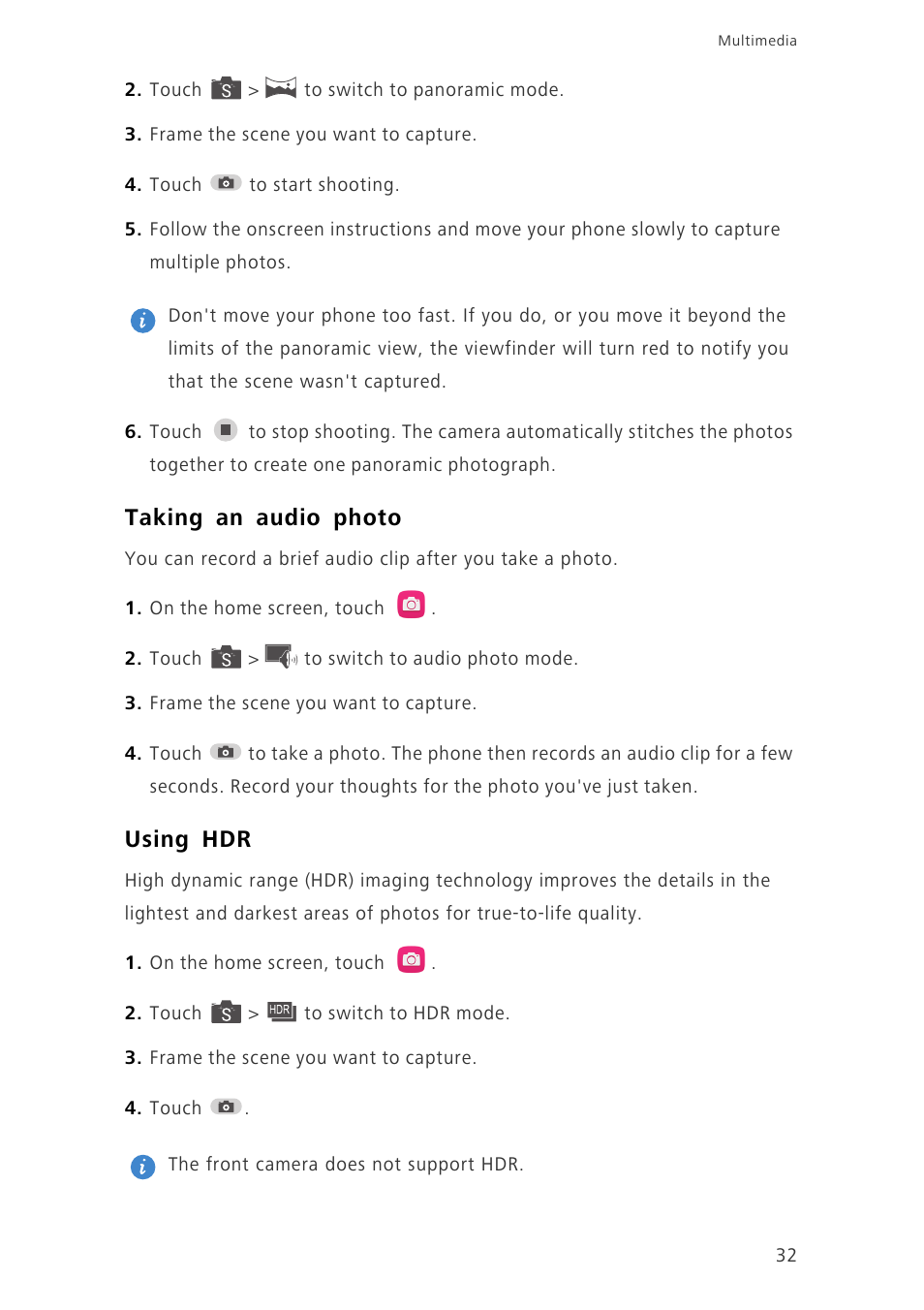 Taking an audio photo, Using hdr | Huawei Honor 3C LTE H30-L02 User Guide User Manual | Page 36 / 66