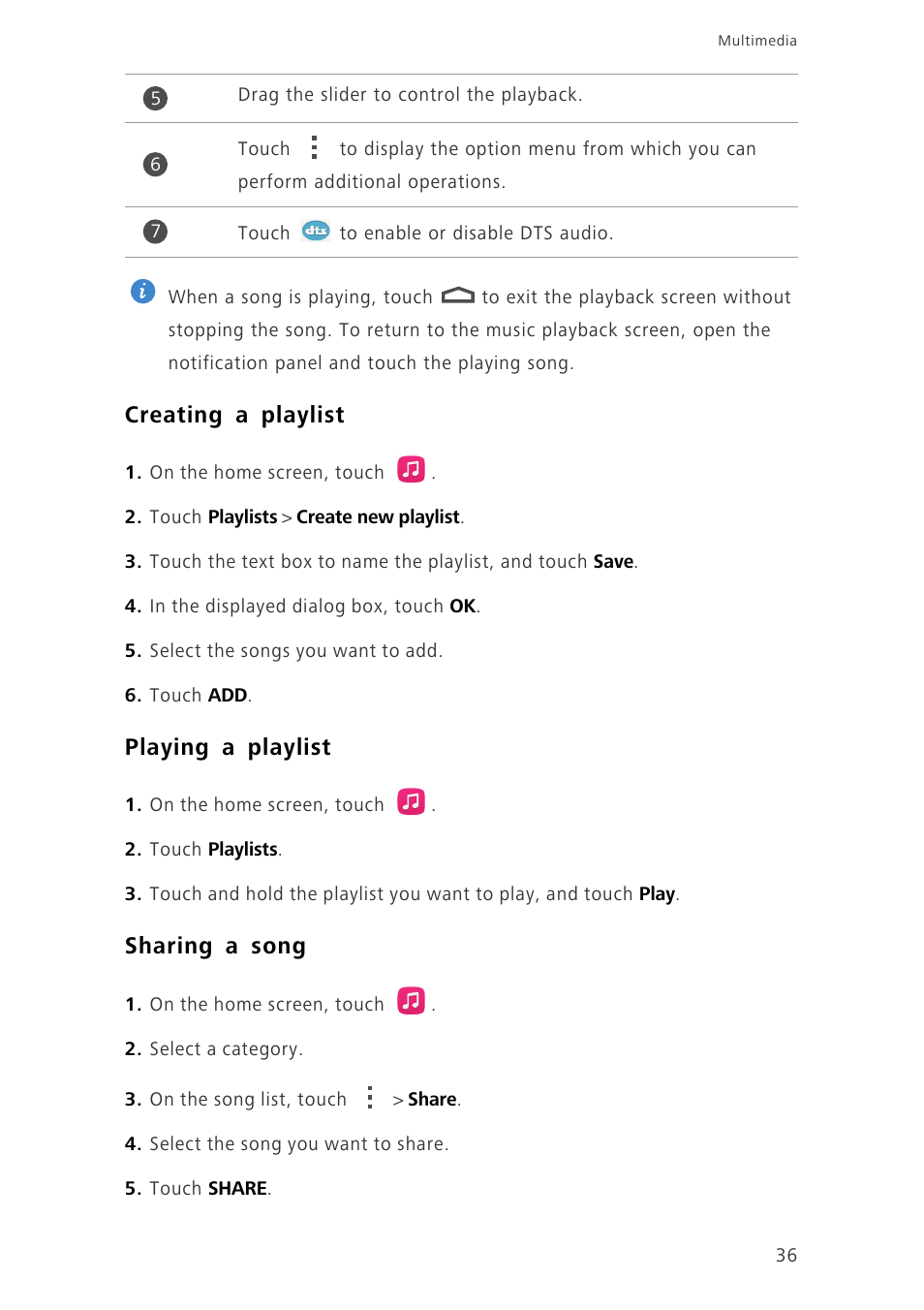 Creating a playlist, Playing a playlist, Sharing a song | Huawei Honor 3C LTE H30-L02 User Guide User Manual | Page 40 / 66