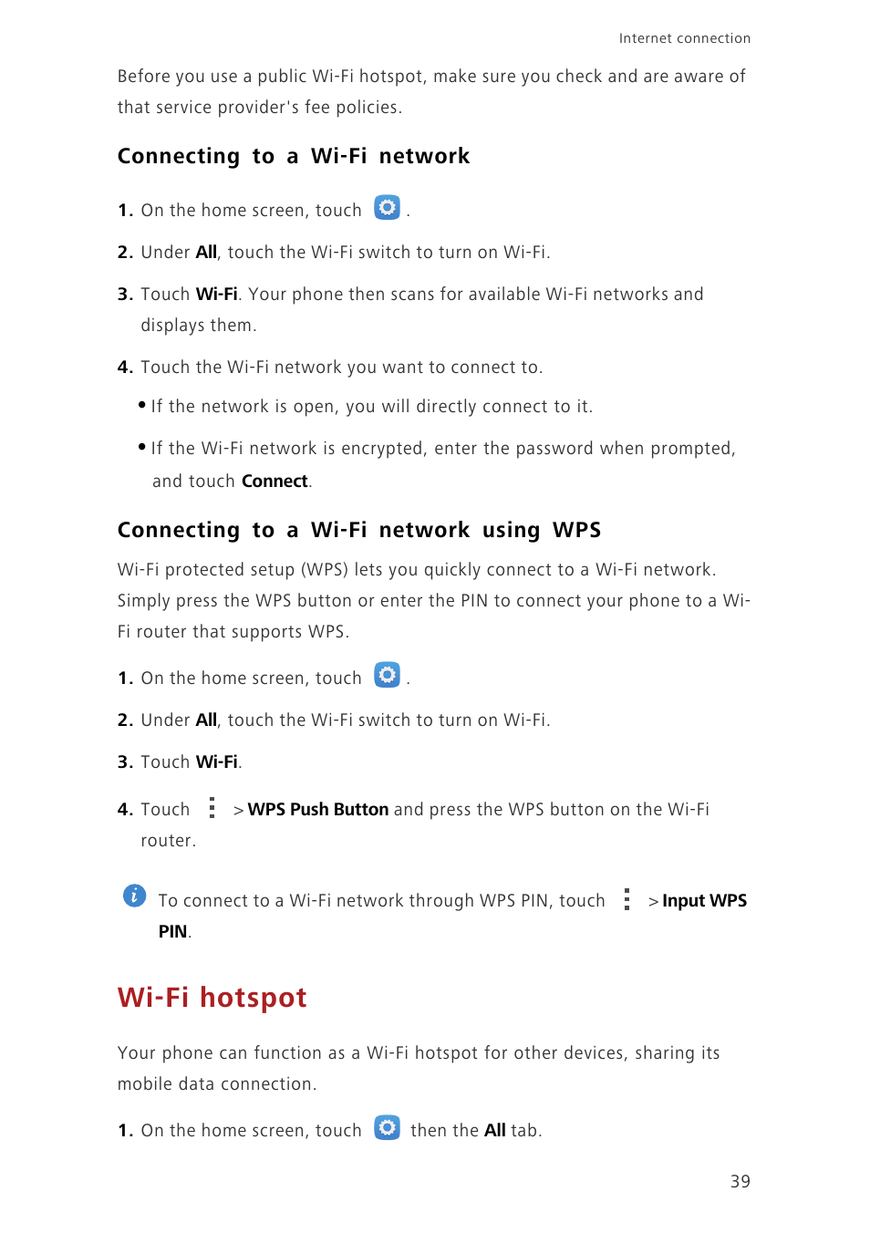 Connecting to a wi-fi network, Connecting to a wi-fi network using wps, Wi-fi hotspot | Huawei Honor 3C LTE H30-L02 User Guide User Manual | Page 43 / 66