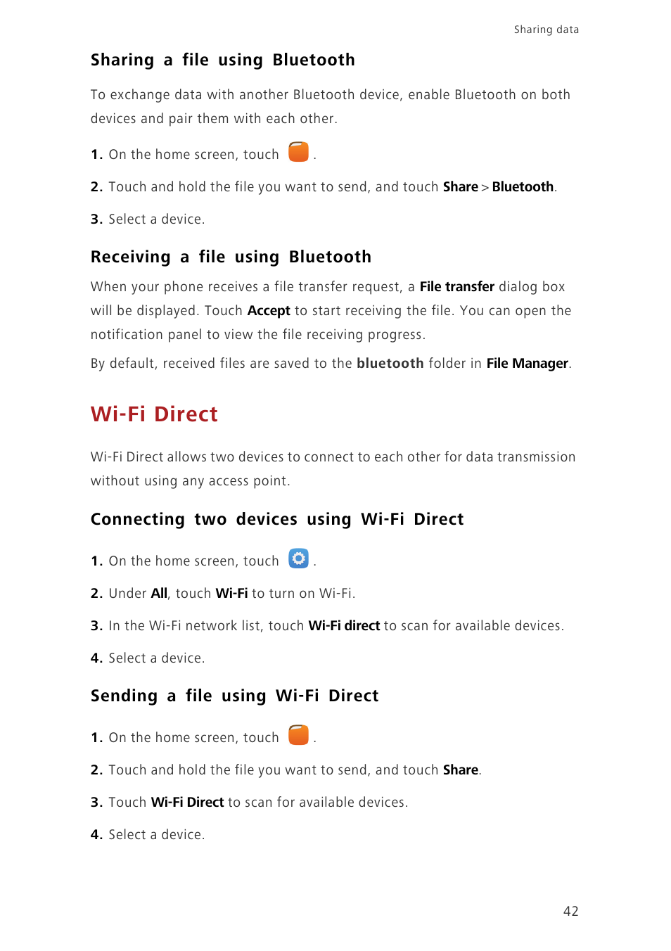 Sharing a file using bluetooth, Receiving a file using bluetooth, Wi-fi direct | Connecting two devices using wi-fi direct, Sending a file using wi-fi direct | Huawei Honor 3C LTE H30-L02 User Guide User Manual | Page 46 / 66