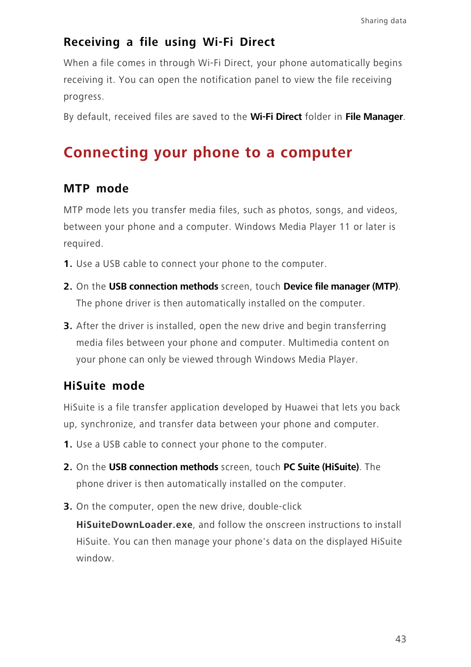 Receiving a file using wi-fi direct, Connecting your phone to a computer, Mtp mode | Hisuite mode | Huawei Honor 3C LTE H30-L02 User Guide User Manual | Page 47 / 66