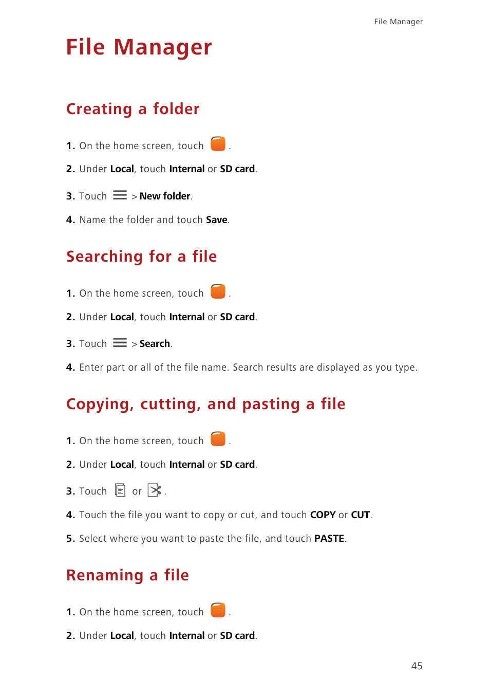 File manager, Creating a folder, Searching for a file | Copying, cutting, and pasting a file, Renaming a file | Huawei Honor 3C LTE H30-L02 User Guide User Manual | Page 49 / 66