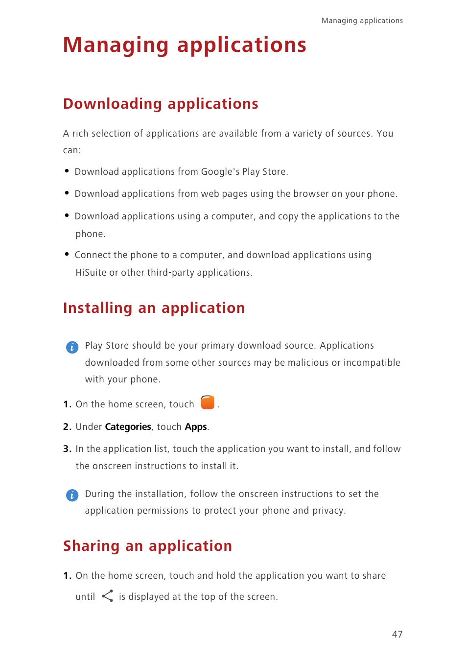 Managing applications, Downloading applications, Installing an application | Sharing an application | Huawei Honor 3C LTE H30-L02 User Guide User Manual | Page 51 / 66