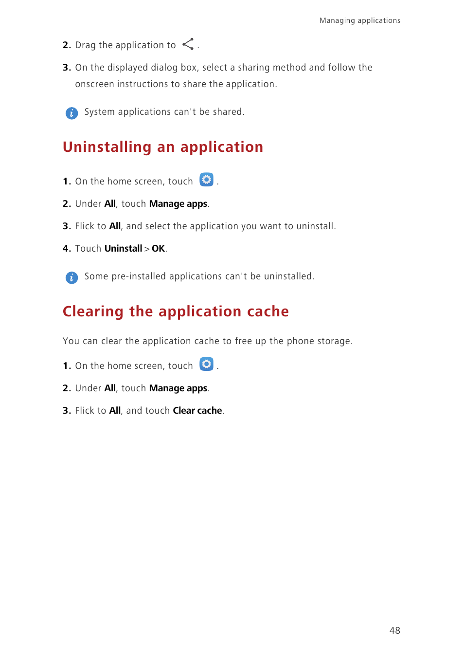 Uninstalling an application, Clearing the application cache | Huawei Honor 3C LTE H30-L02 User Guide User Manual | Page 52 / 66