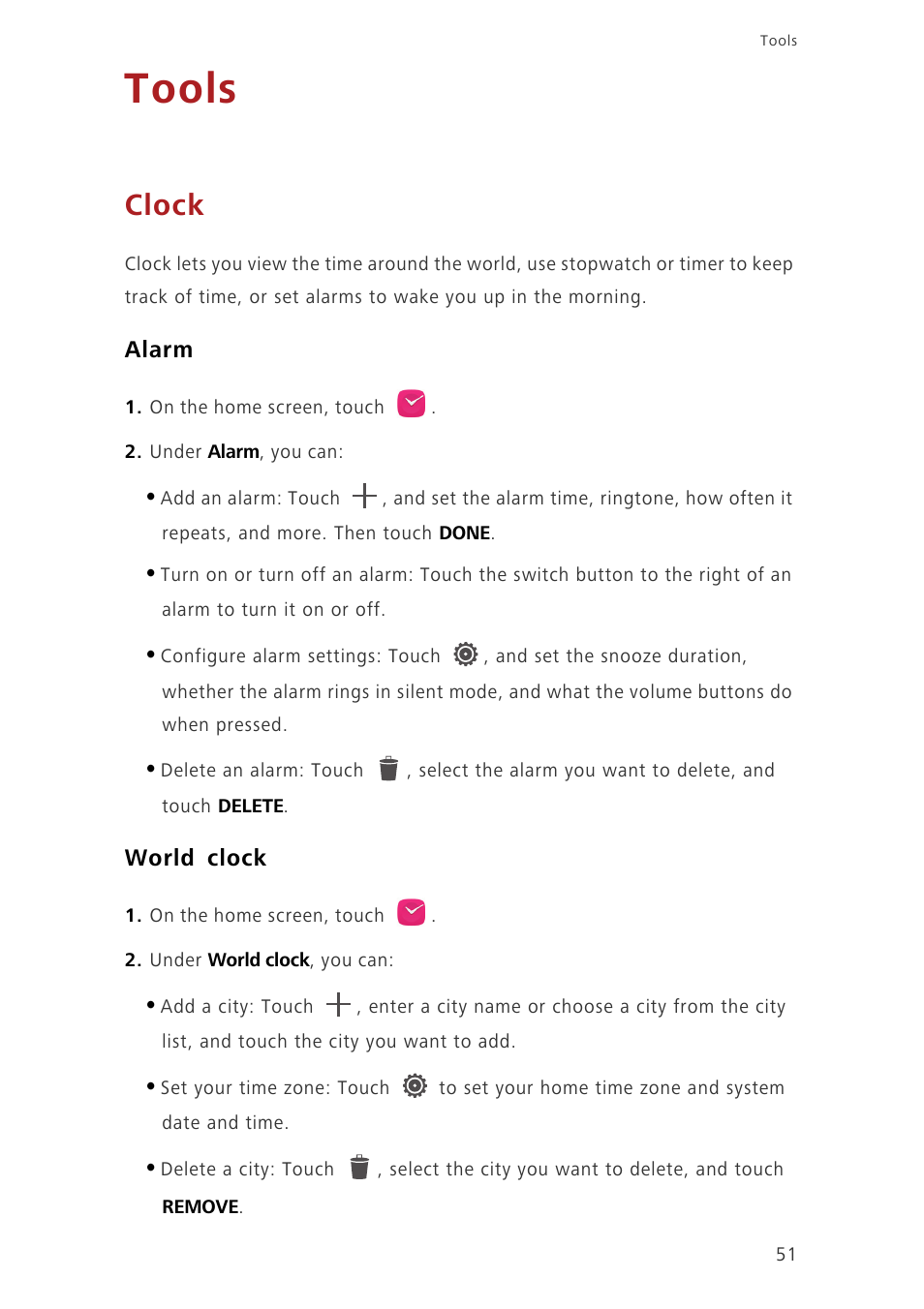Tools, Clock, Alarm | World clock | Huawei Honor 3C LTE H30-L02 User Guide User Manual | Page 55 / 66