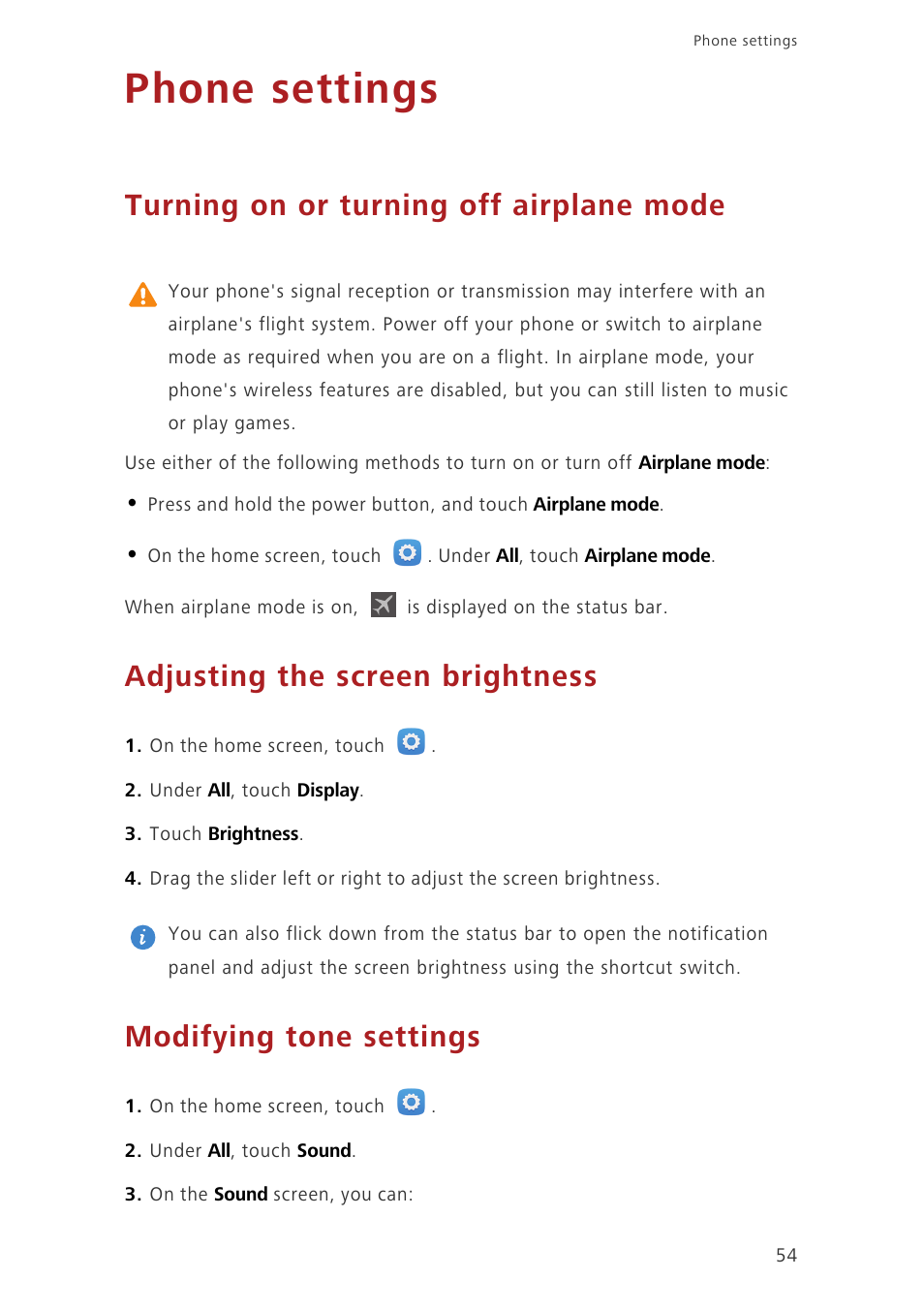 Phone settings, Turning on or turning off airplane mode, Adjusting the screen brightness | Modifying tone settings | Huawei Honor 3C LTE H30-L02 User Guide User Manual | Page 58 / 66