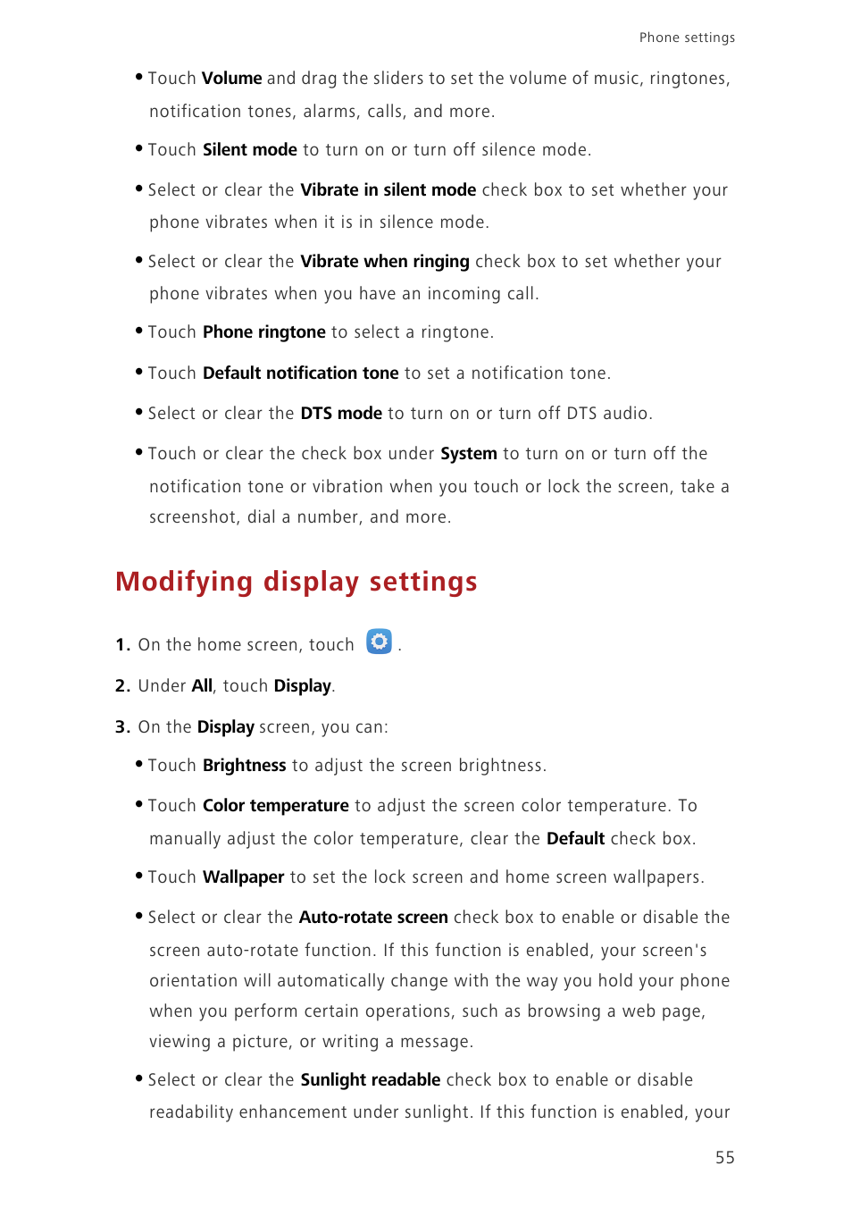 Modifying display settings | Huawei Honor 3C LTE H30-L02 User Guide User Manual | Page 59 / 66