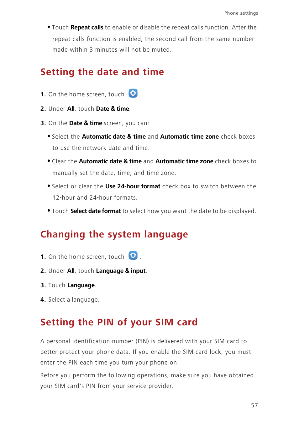 Setting the date and time, Changing the system language, Setting the pin of your sim card | Huawei Honor 3C LTE H30-L02 User Guide User Manual | Page 61 / 66