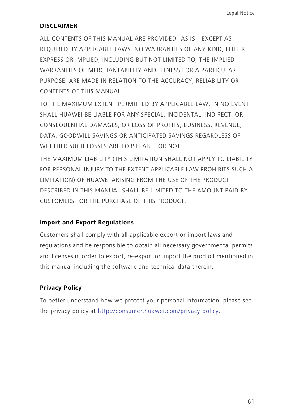 Disclaimer, Import and export regulations, Privacy policy | Huawei Honor 3C LTE H30-L02 User Guide User Manual | Page 65 / 66