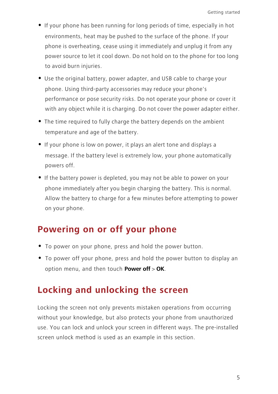 Powering on or off your phone, Locking and unlocking the screen | Huawei Honor 3C LTE H30-L02 User Guide User Manual | Page 9 / 66