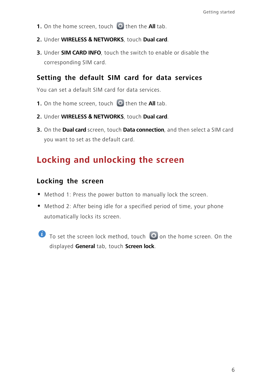 Setting the default sim card for data services, Locking and unlocking the screen, Locking the screen | Huawei Honor 3C H30-U10 User Guide User Manual | Page 10 / 75